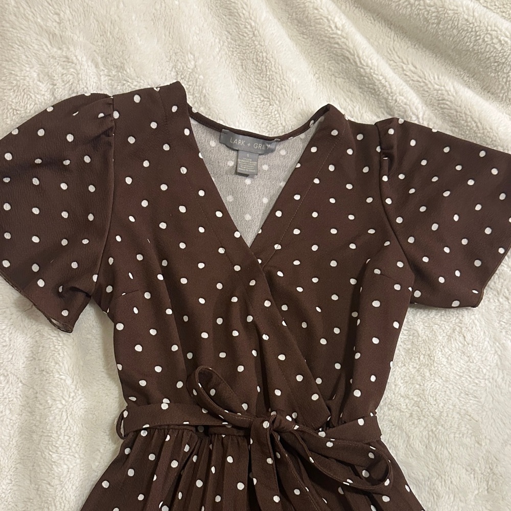 Lark & Grey Brown Polka Dot Midi Wrap Dress